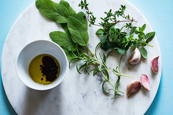 Small bowl of olive oil with balsamic vinegar