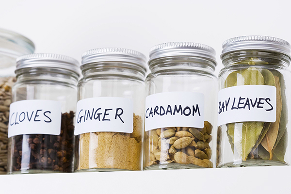 Jars of assorted herbs and spices