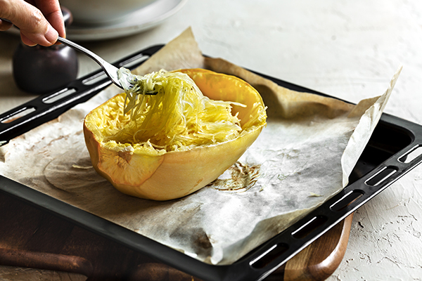 Roasted Spaghetti Squash on a baking tray