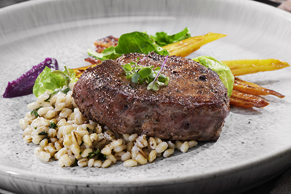 Bison Steak with Barley, and Roasted Carrots, Brussels Sprouts