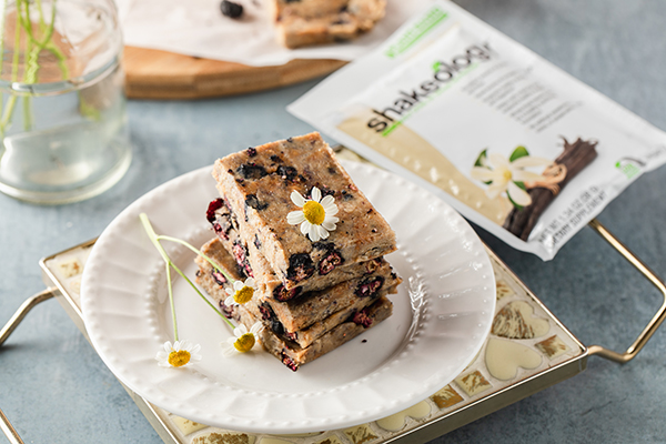 Shakeology No Bake Blueberry Pie Bars on a plate