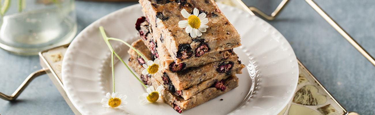 Shakeology No Bake Blueberry Pie Bars on a plate