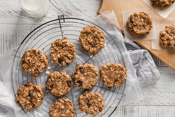 Shakeology No Bake Oatmeal Raisin Cookies on a wire rack