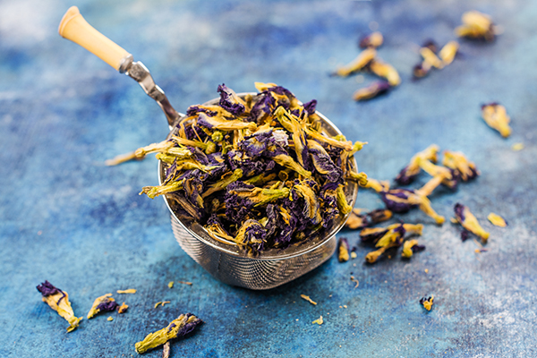 Dry butterfly pea flowers.