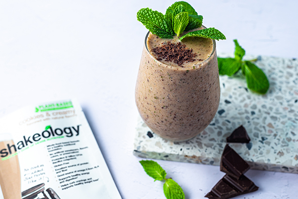 Mint Chip Cookies & Creamy Shakeology in a glass