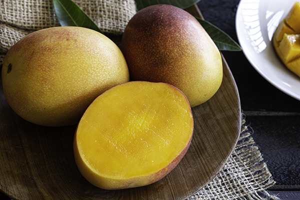 Three beautiful ripe mangoes on wooden tray.