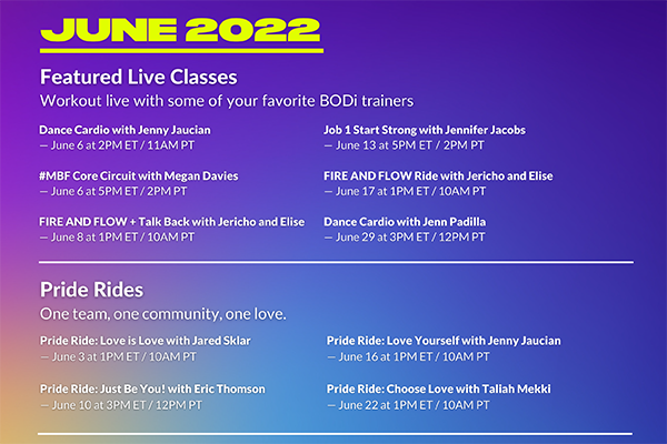 Schedule of Special Event Classes on BODi