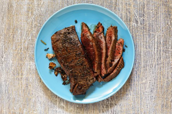 cooked sliced steak plate overhead | what is protein