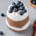 Chia pudding parfait with yogurt, blueberries and chocolate