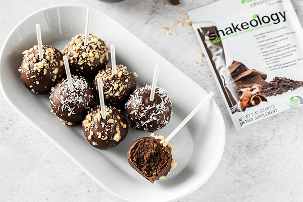 Chocolate Shakeology Cake Pops on plate, Shakeology packet