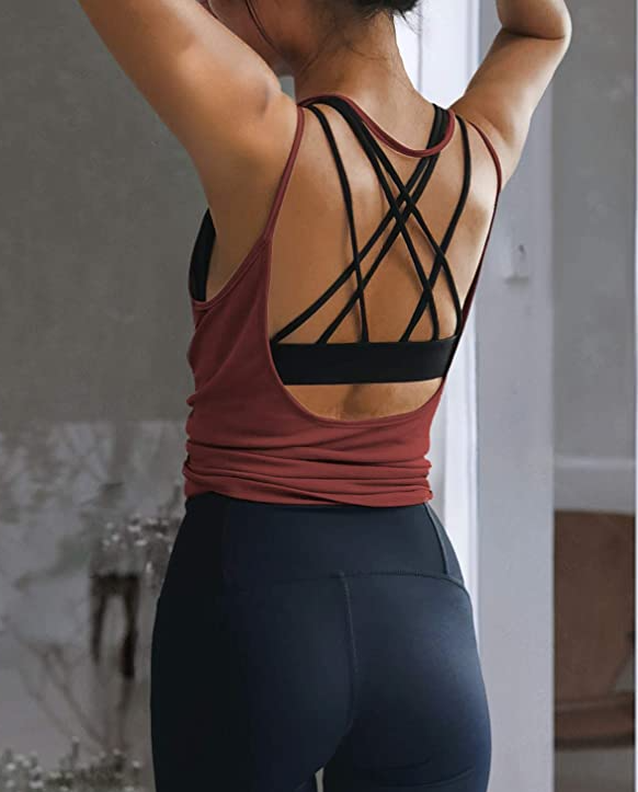 Women's Open Back Workout Tank Top with Built in Bra Athletic Yoga Running  Shirt 