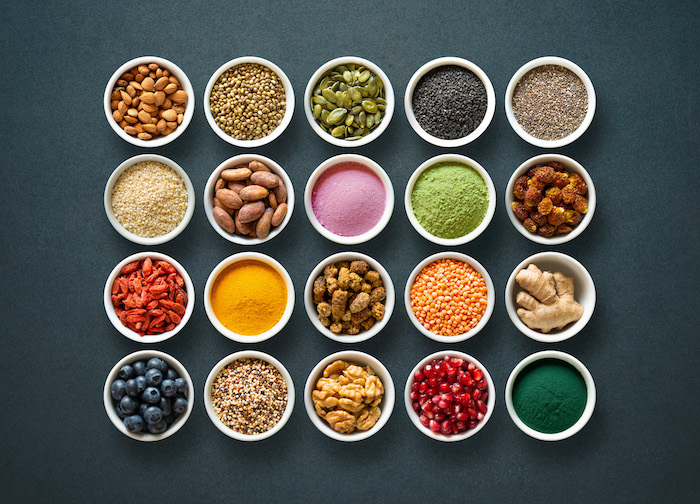 overhead shot of antioxidant foods in bowls