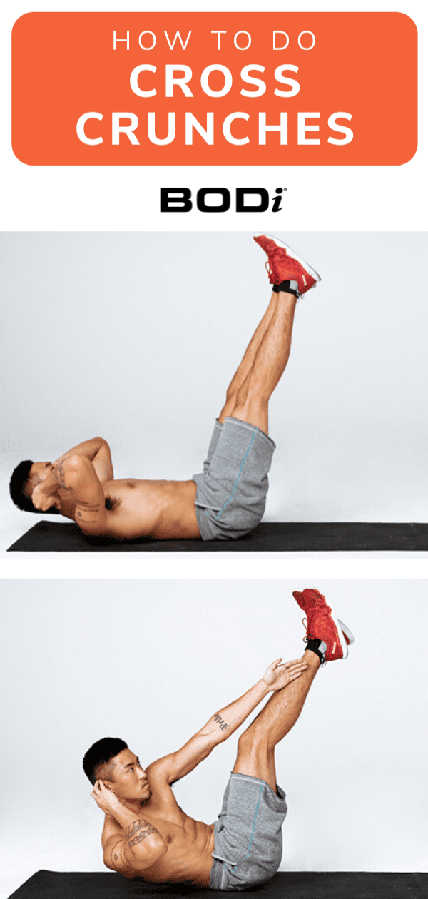 Pin Image with BODi Logo of Man Doing Cross Crunches Example | Cross Crunches
