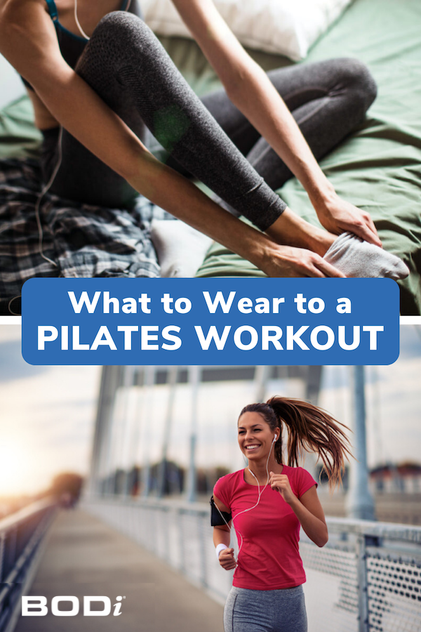 Pin Image with BODi Logo of Woman Jogging and Putting Socks on | What to wear to pilates