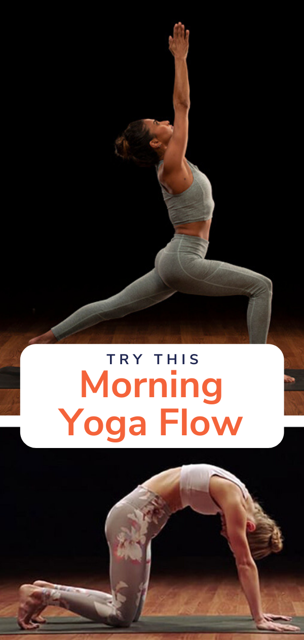 Pin Image of Woman Doing Cresent Lunge and Cat Cow | Morning Yoga