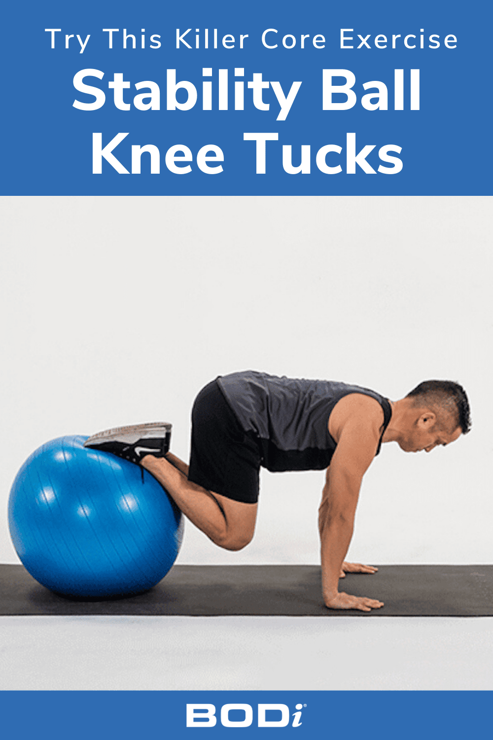 Pin Image of Man Doing Stability Ball Knee Tucks with BODi Logo | Stability Ball Knee Tucks