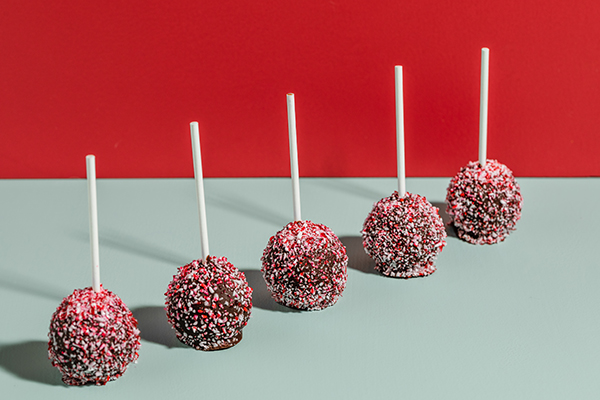 Peppermint mocha cake pops in a row